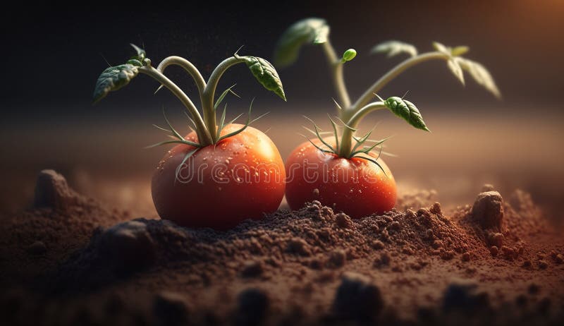 Fresh ripe red tomatoes, close-up on the plantation. Generative AI stock illustration