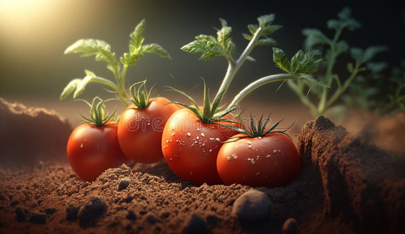 Fresh ripe red tomatoes, close-up on the plantation. Generative AI vector illustration