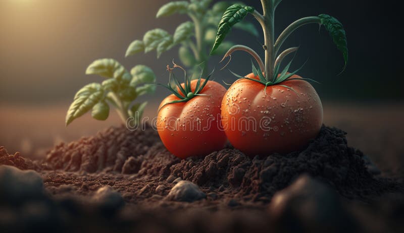 Fresh ripe red tomatoes, close-up on the plantation. Generative AI royalty free illustration
