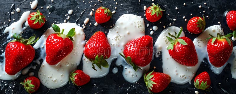 Fresh ripe strawberries lying on spilled milk black background stock foto's
