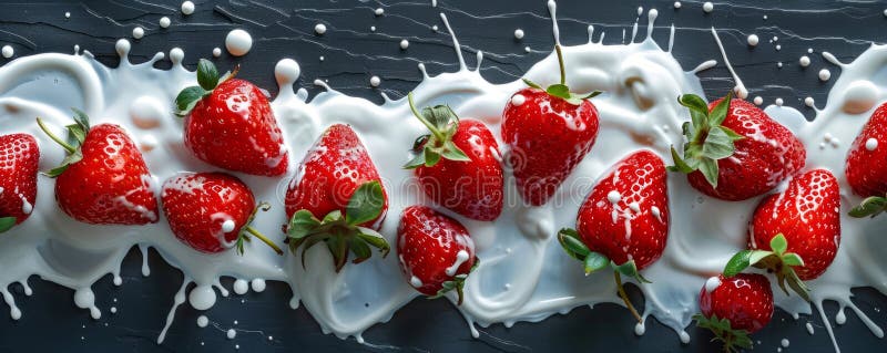 Fresh ripe strawberries lying on spilled milk black background stock afbeeldingen