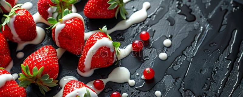 Fresh ripe strawberries lying on spilled milk black background royalty-vrije stock fotografie