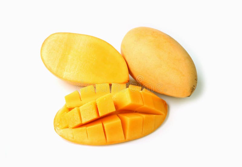 Fresh Ripe Thai Mango Cut in Half and Crosswise Cut with a Whole Fruit on White Background Stock