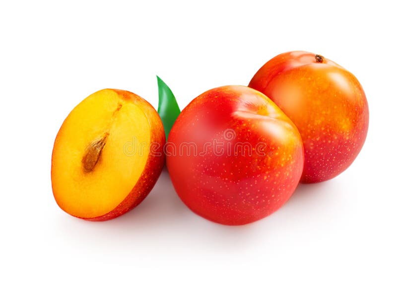 Fresh Ripe Whole and Cut Plums with Leaves Isolated on White Background