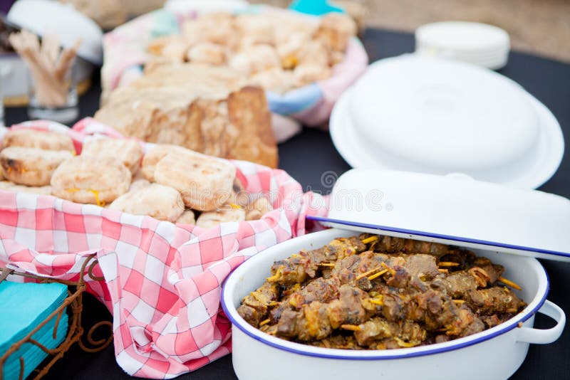 Fresh roasted bread and mutton kebabs in dishes