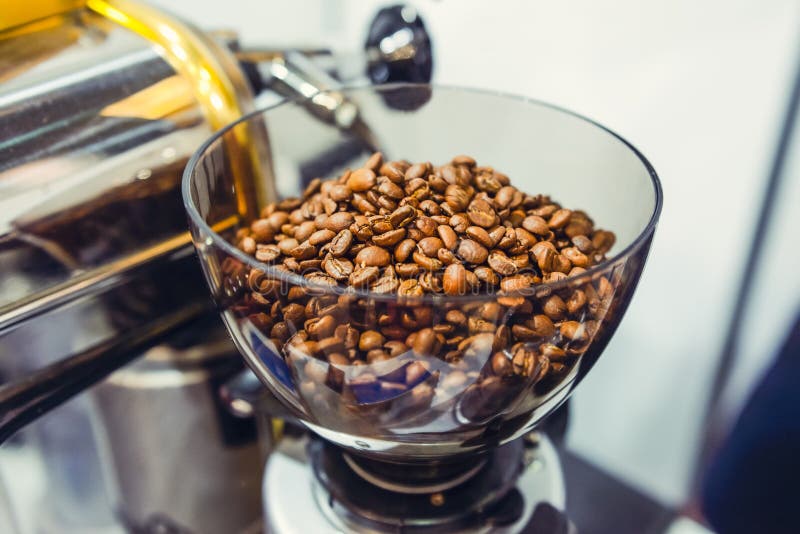 Fresh roasted coffee beans in coffe grinder. Selective focus.