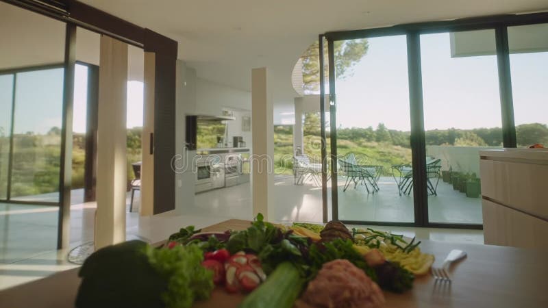 Fresh salad ingredients on table in modern kitchen stock illustration