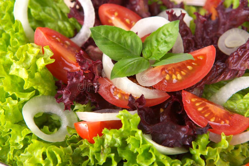 Fresh salad with onion tomato and basil