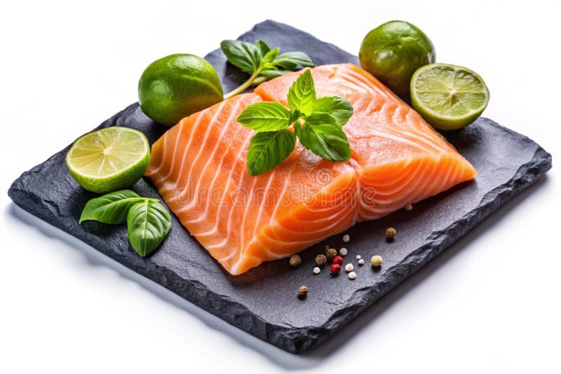 A beautifully prepared piece of fresh salmon fillet, garnished with vibrant basil leaves and lime slices, placed on a black stone serving board. The combination of colors and textures highlights the dish's freshness and culinary appeal, making it an ideal choice for a healthy, delicious meal. Cleanplate illustrations