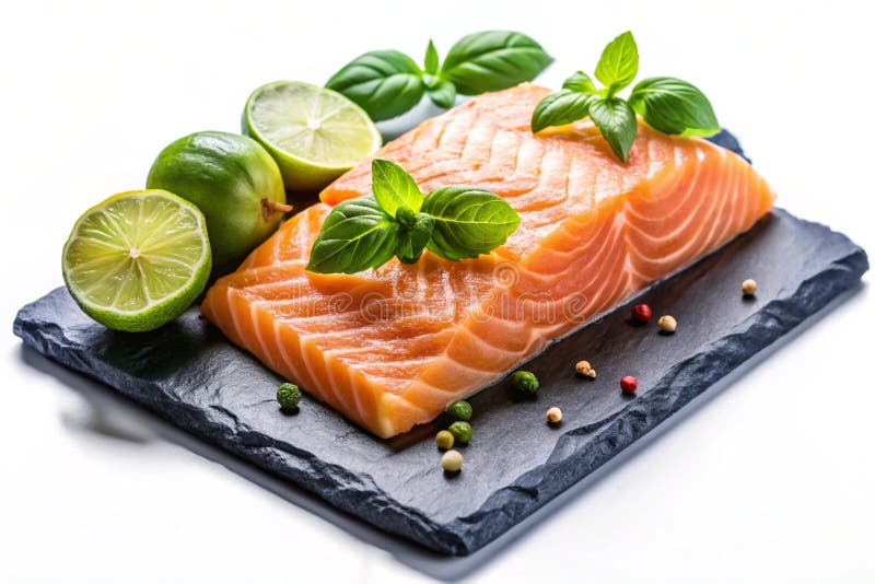 A beautifully prepared piece of fresh salmon fillet, garnished with vibrant basil leaves and lime slices, placed on a black stone serving board. The combination of colors and textures highlights the dish's freshness and culinary appeal, making it an ideal choice for a healthy, delicious meal. Cleanplate illustrations