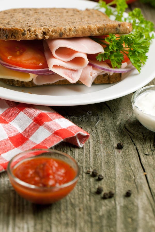 Fresh Sandwich With Ham And Ketchup Stock Photo Image of crisp