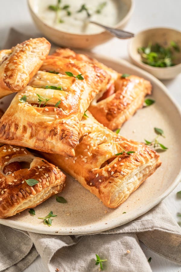 Fresh Sausage Roll with Tatar Sauce and Herbs Stock Photo - Image of ...