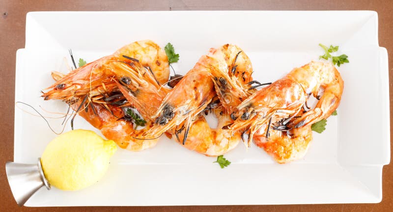 Fresh seafood starter of grilled prawns