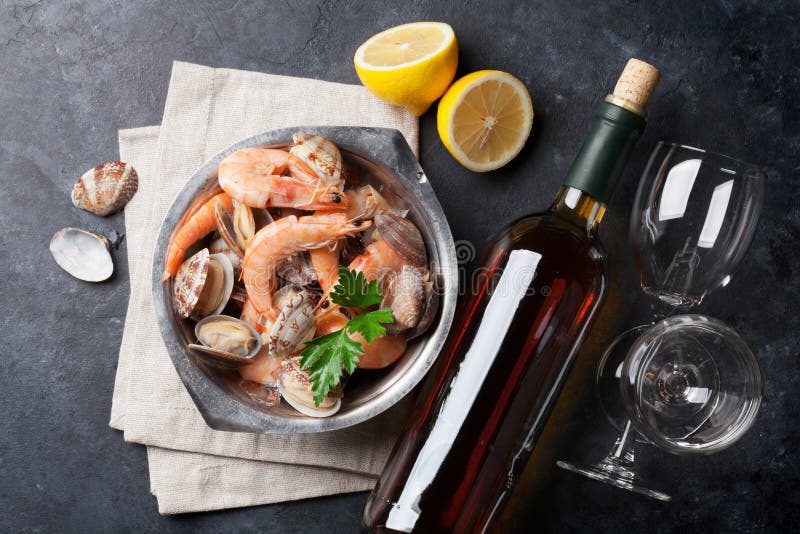 Fresh Seafood and White Wine Stock Photo Image of dozen, cold 89458342