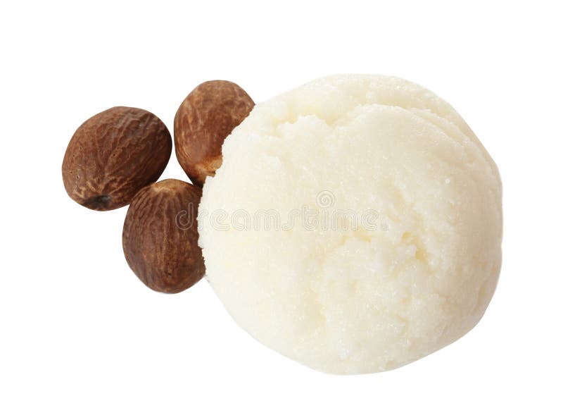 Fresh shea butter and nuts on white, top view. Fresh shea butter and nuts isolated on white, top view royalty free stock photography Fresh shea butter and nuts on white, top view. Fresh shea butter and nuts isolated on white, top view royalty free stock photography
