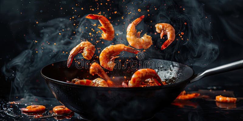 Fresh shrimp sizzles in a hot pan with smoke and spices, creating an appetizing cooking moment royalty free stock image