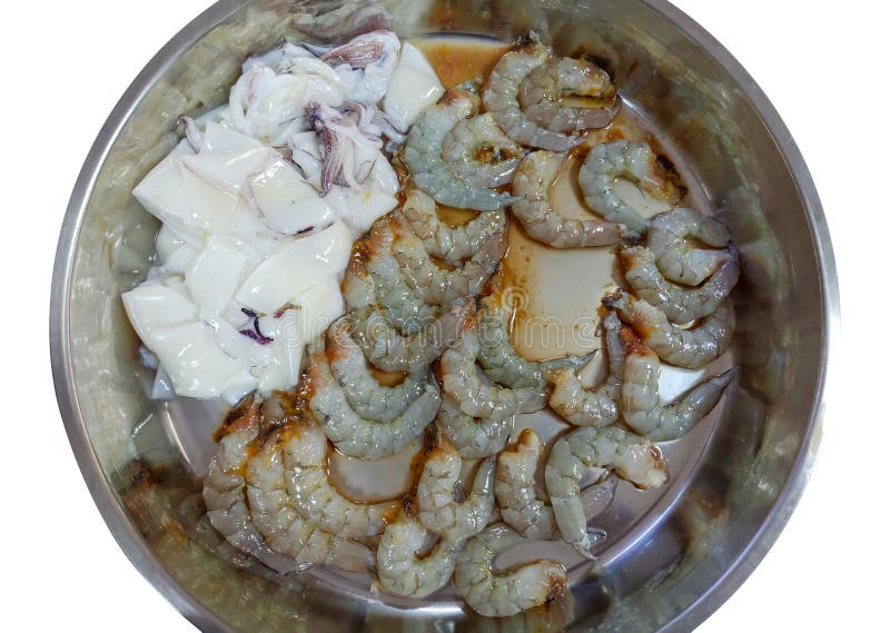 Fresh Shrimp And Squid In Stainless Steel Pot Prepare To ...