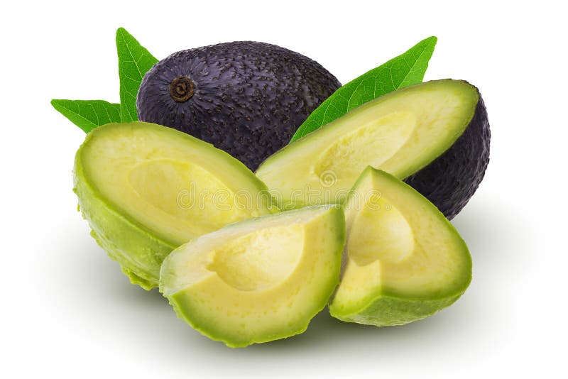 Fresh Sliced Green Avocado with Leaves Isolated Over the White