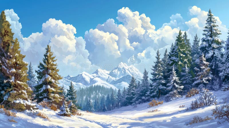 Fresh snow blankets an open forest clearing, with plenty of room for copy stock illustration