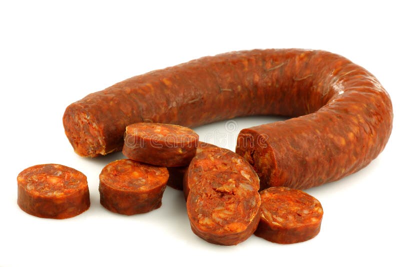 Fresh Spanish Chorizo Sausage with Some Cut Pieces Stock Photo Image