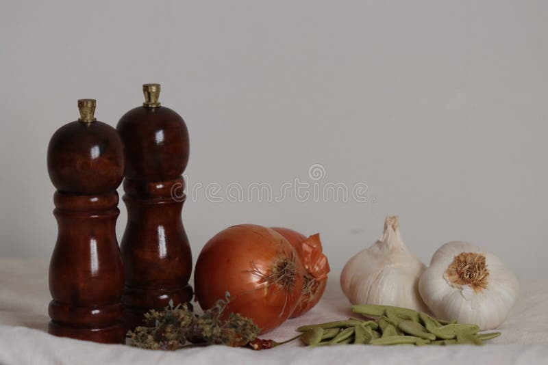 Fresh Spices Cooking Ingredients. Onion and Garlics Stock Photo Image
