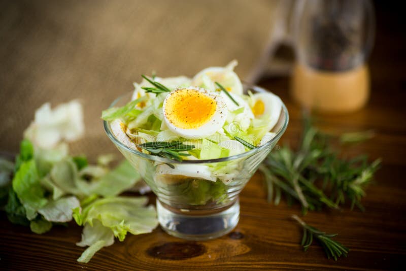 Fresh spring salad with cabbage, lettuce and boiled eggs with rosemary and spices royalty free stock photography