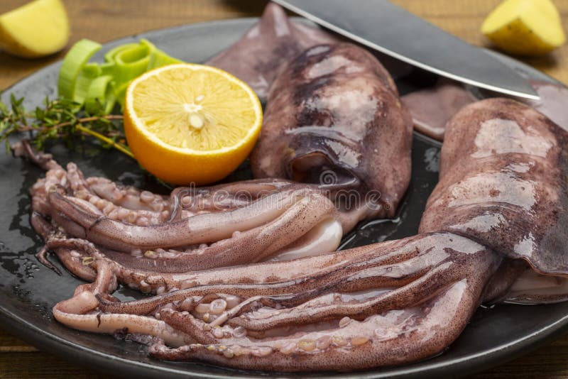 Fresh squid with tentacles, lemon and knife on black plate