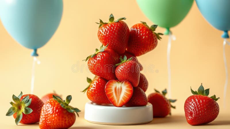 Fresh strawberries arranged in a playful stack with balloons in a festive setting for a celebration stock images