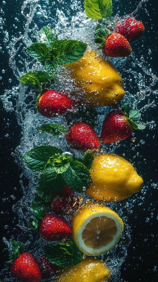 A dynamic image capturing fresh strawberries and lemons surrounded by water splashes. The vibrant colors and motion convey a sense of freshness and vitality, perfect for representing health and wellness. The image is enhanced by the addition of mint leaves, bringing in a hint of natural aroma. Refreshing addition stock images, royalty-free photos and pictures