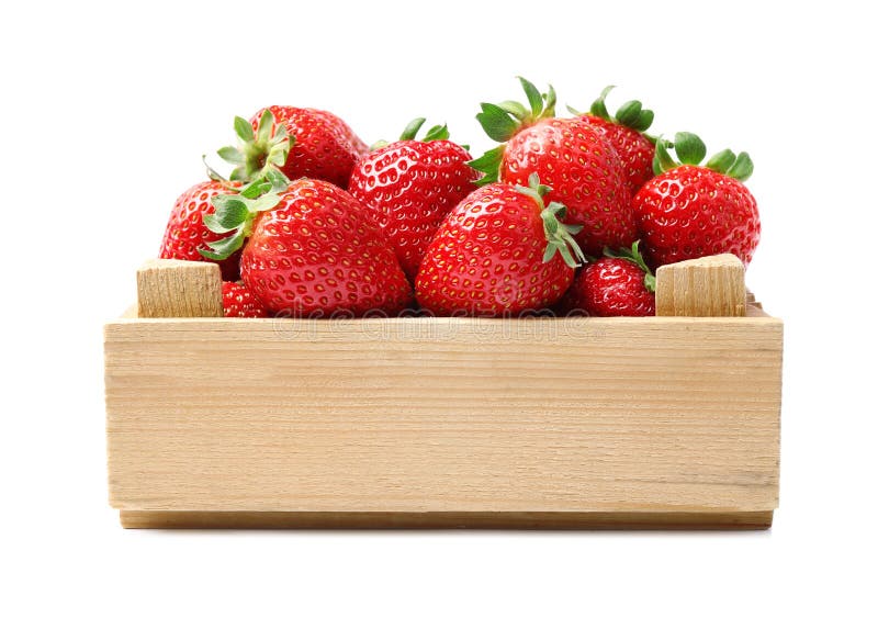 Fresh Strawberries in Wooden Crate Isolated on White Stock Photo