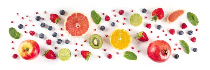 Fresh summer fruit panorama, a flat lay on a white background, vibrant food pattern