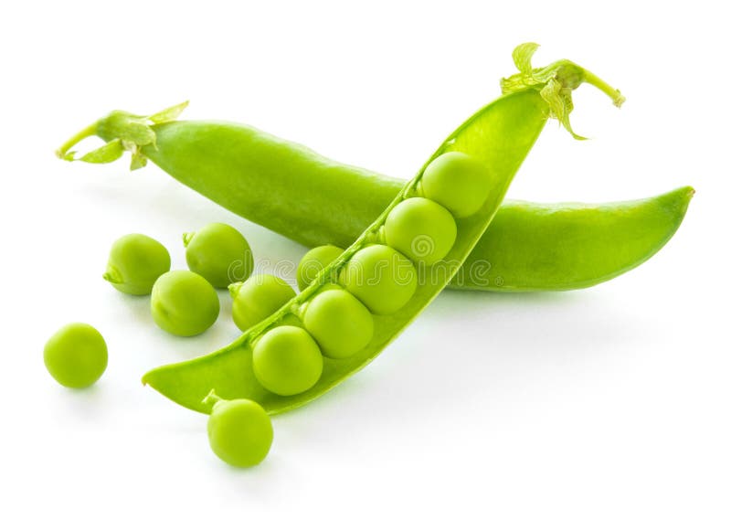 Fresh Sweet Green Pea Pods and Ceeds Isolated on White Background