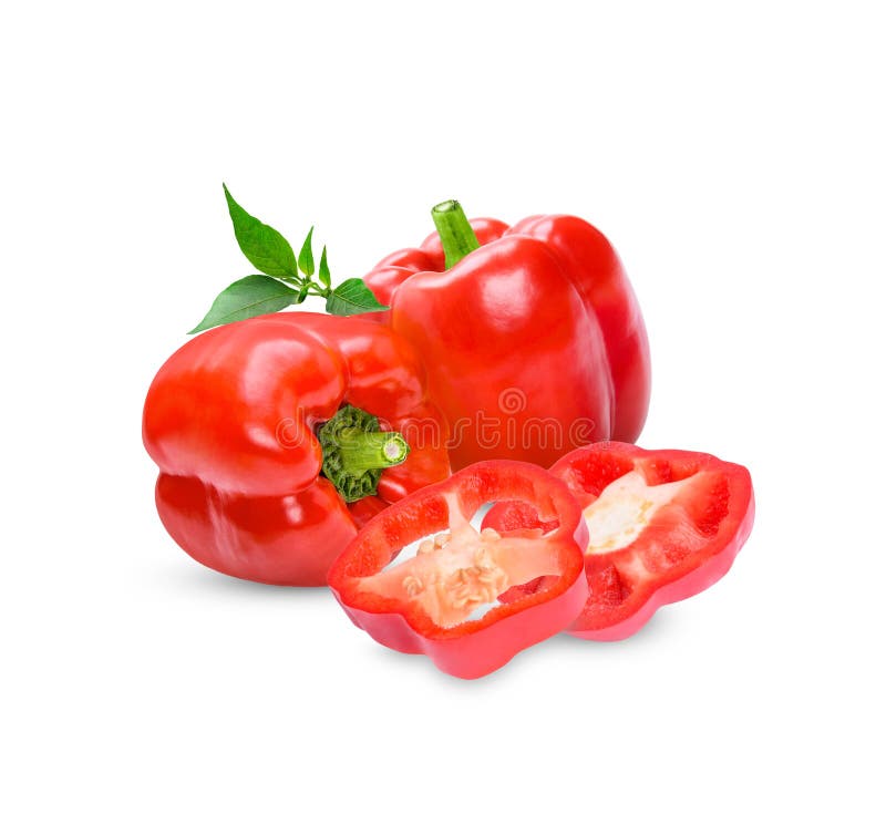 Fresh Sweet Pepper with Leaves Isolated on White Background Stock Photo