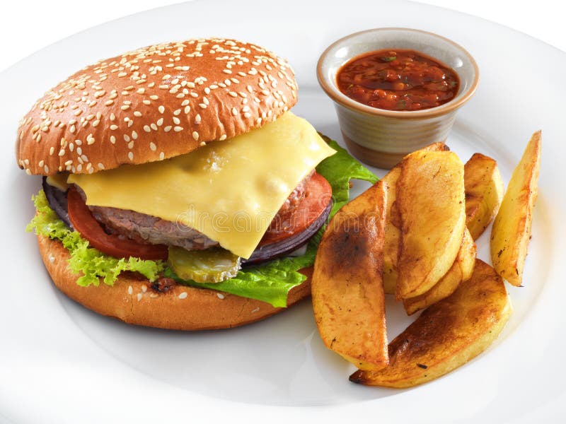 Fresh Tasty Hamburger with Fried Potatoes and Salsa Stock Image Image