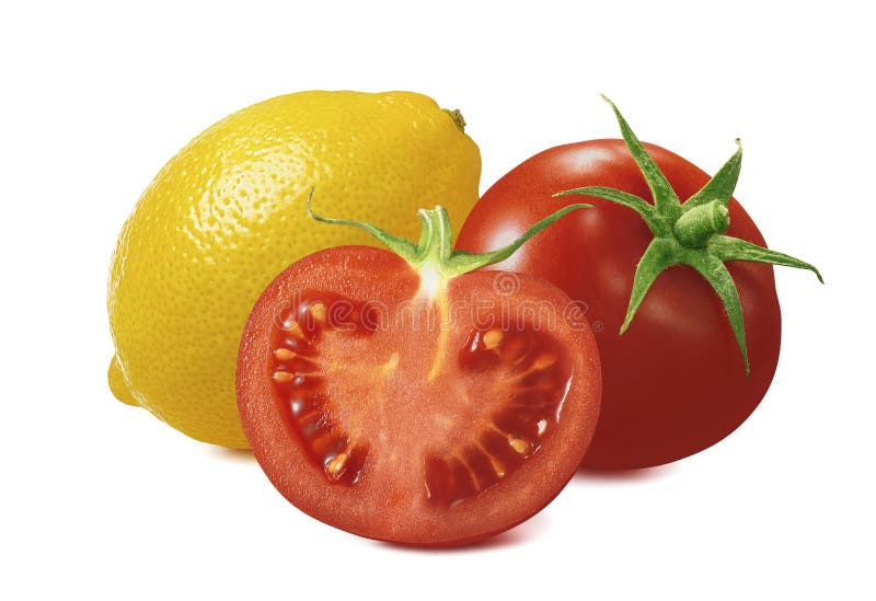 Fresh tomato and lemon isolated on white background royalty free stock photos