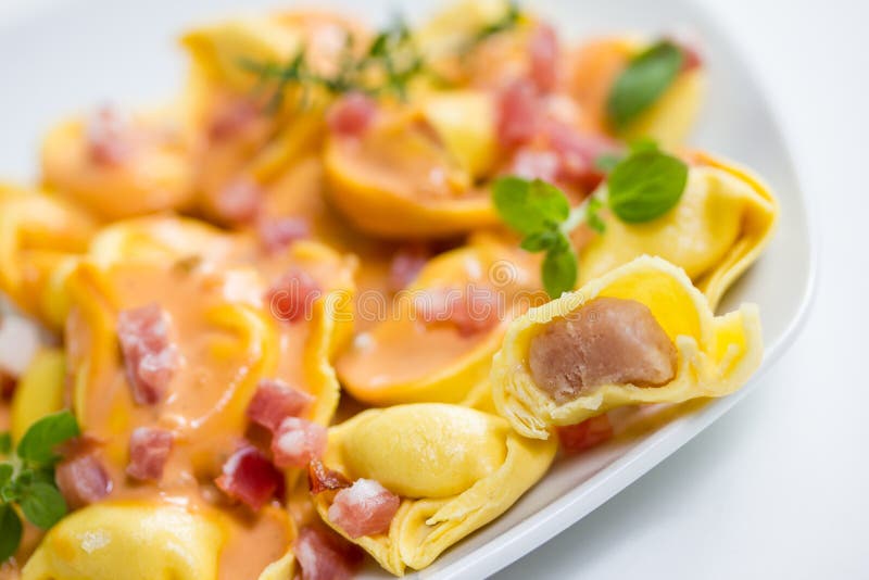 Fresh Tortellini in Light Sauce with Ham Stock Image Image of cube