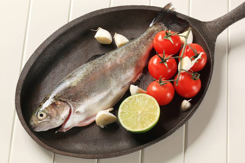 Fresh Trout on a Cast Iron Skillet Stock Image Image of view, food