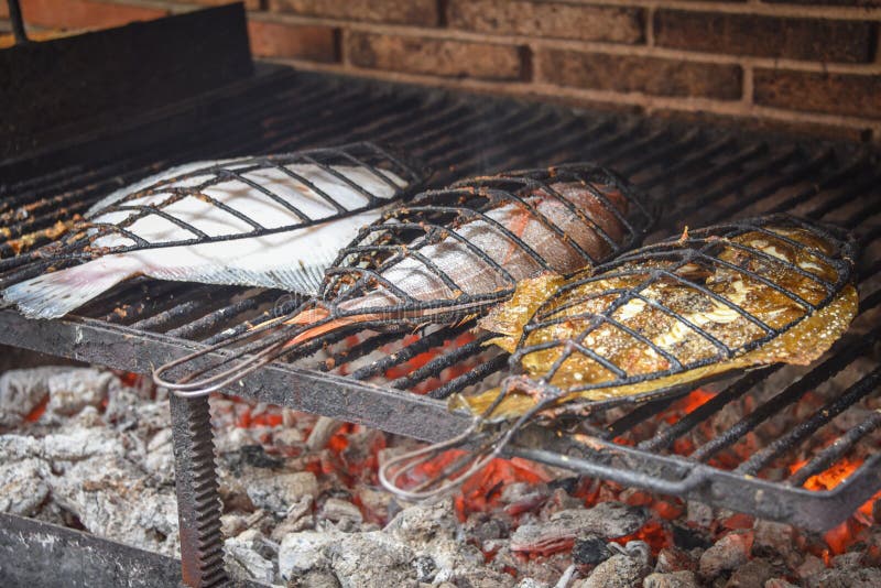 Fresh Turbot cooks on a traditional grill in the fishing town of Getaria in the Basque Country, Spain