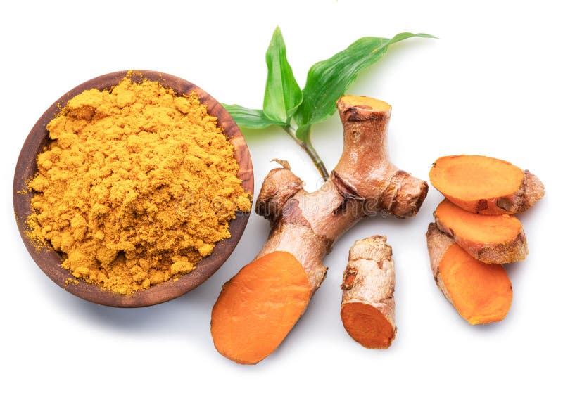 Fresh turmeric rhizome and turmeric powder isolated on white background stock images