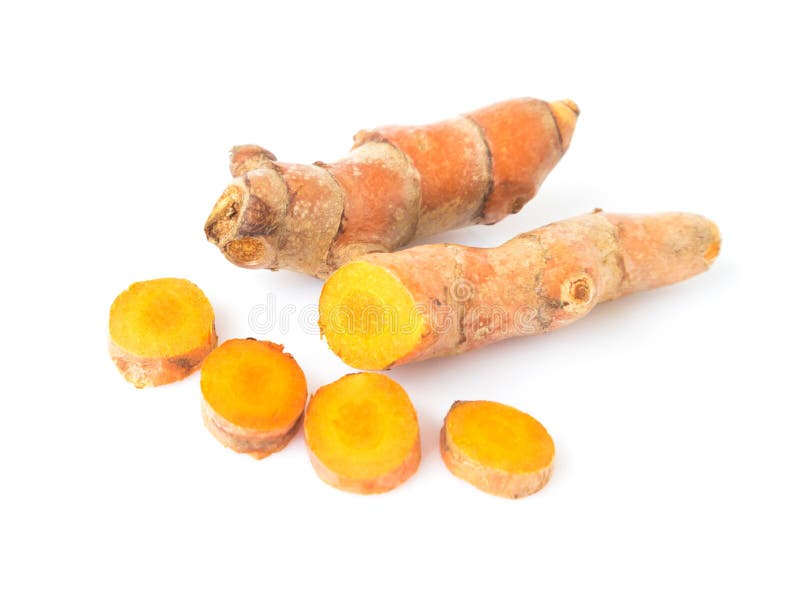 Fresh Turmeric Roots on White Background, Herb and Healthy Care Stock