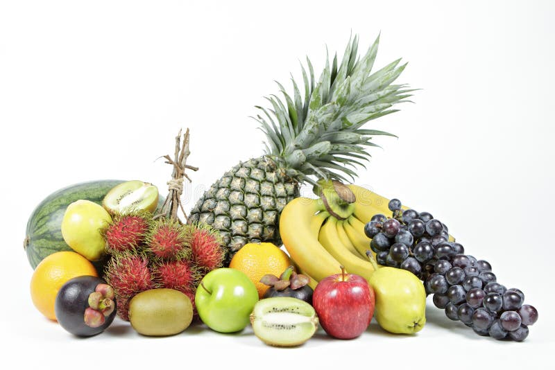 Fresh various fruits on isolated white background.