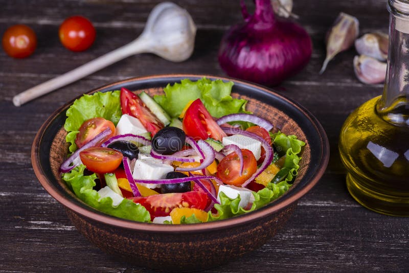 Fresh Vegetable Greek Salad on the Table Stock Photo - Image of herbal ...