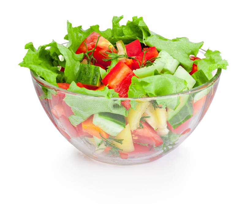 Fresh vegetable salad in glass bowl isolated on a white background