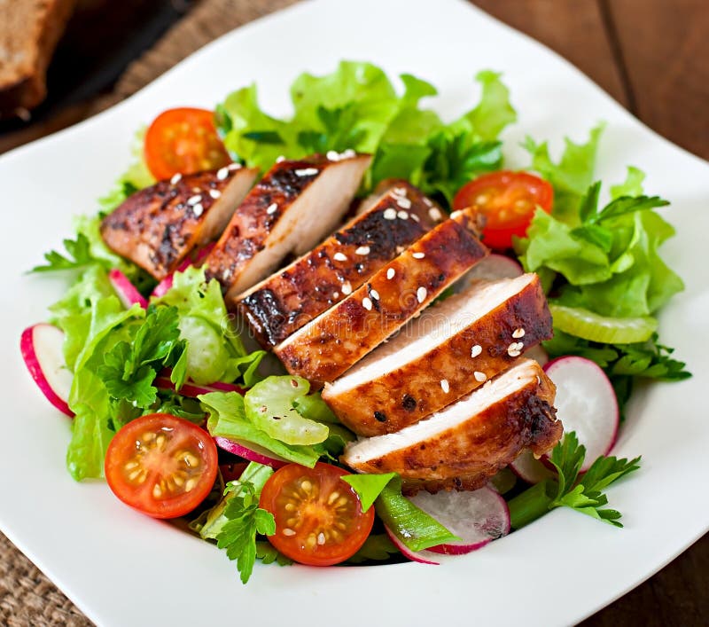 Fresh Vegetable Salad with Grilled Chicken Breast Stock Photo Image