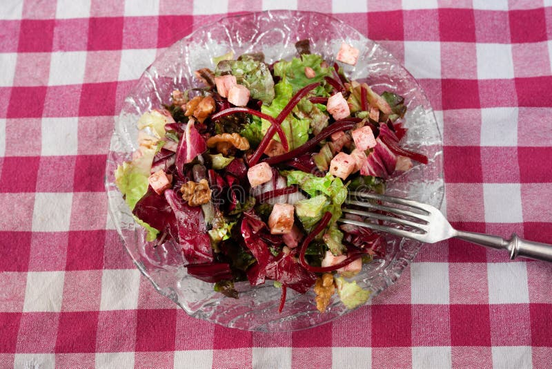 Fresh Vegetable Salad Lettuce Leaf Beetroot Tofu And Walnut On Glass