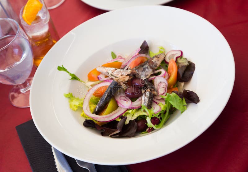 Fresh Vegetable Salad with Pickled Sardines Stock Photo Image of