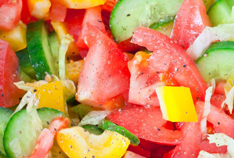 Bright food background with fresh vegetable salad, side dishes