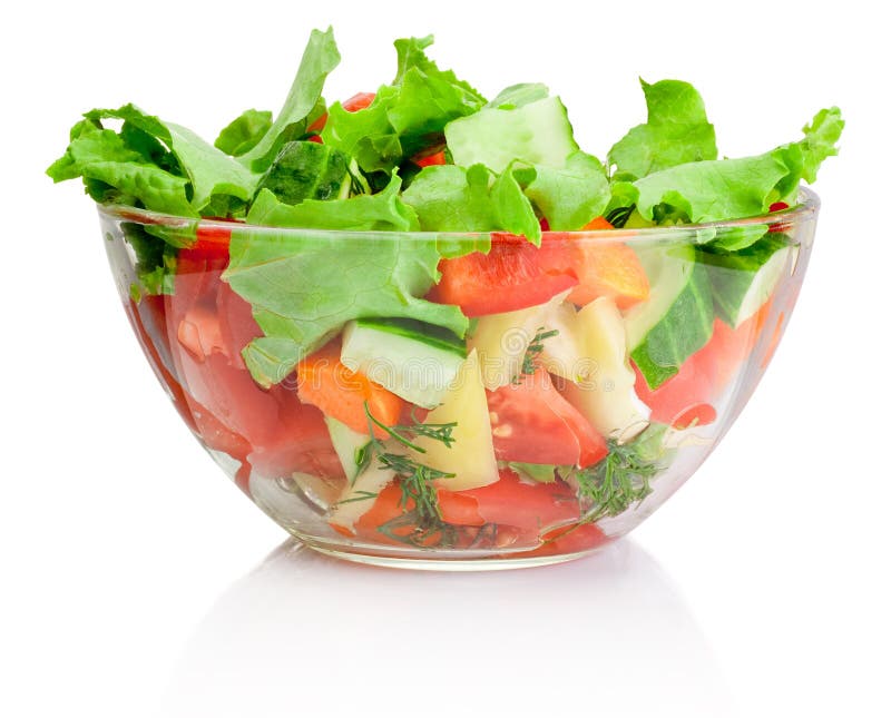 Fresh vegetable salad in transparent bowl on white
