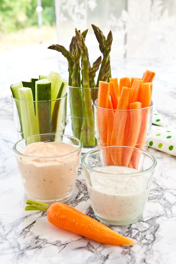 Variety Of Healthy Dips With Vegetable Sticks Stock Image Image of