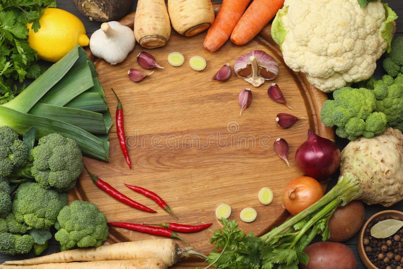 Download Fresh Vegetables On Dark Wooden Background. Mockup For ...